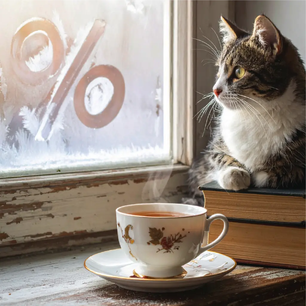Auf einer rustikalen, verwitterten Holzfensterbank steht eine dampfende Tasse Tee. Daneben liegt ein Stapel alter Bücher, auf dem eine entspannte Katze sitzt. Am vereisten Fenster bilden zarte Eiskristalle deutlich ein Prozentzeichen (%). Weiches, warmes Licht fällt durch das Fenster und erzeugt gemütliche Stimmung.