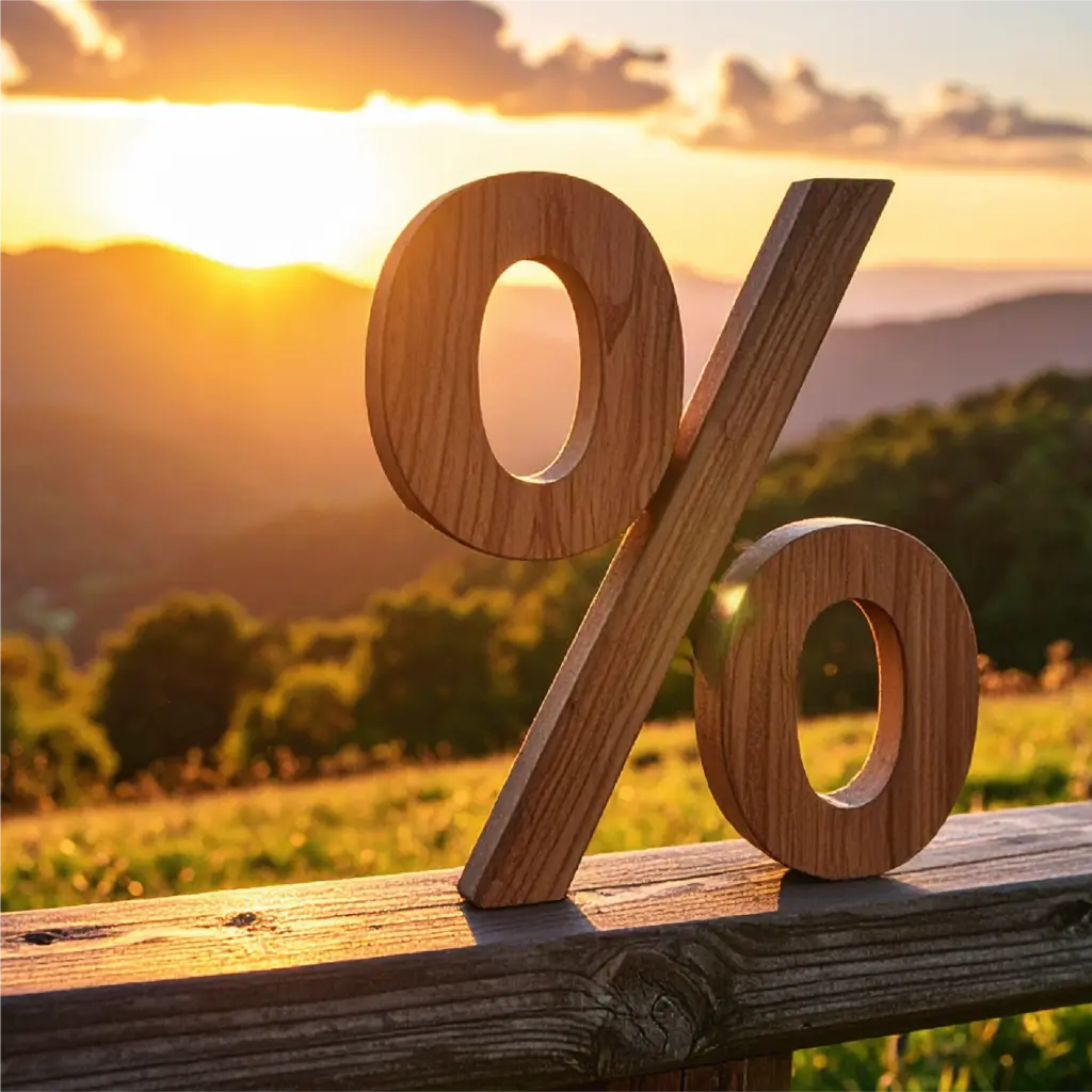 Prozentschild aus Holz steht vor einem spätsommerlichen Sonnenuntergang