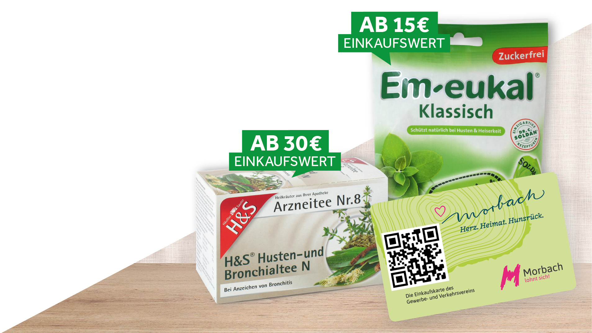 Geschenke bei Einlösen von Morbachpunkten. Ab 15 Euro Einkaufswert gibt es eine Packung Em-eukal und ab 30 Euro Einkaufswert einen H&S Tee nach Wahl.