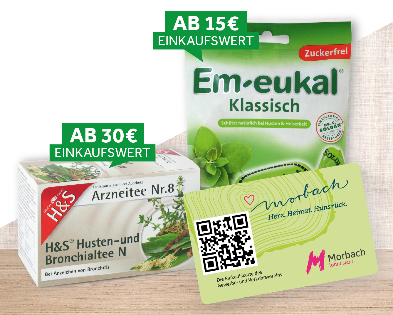 Geschenke bei Einlösen von Morbachpunkten. Ab 15 Euro Einkaufswert gibt es eine Packung Em-eukal und ab 30 Euro Einkaufswert einen H&S Tee nach Wahl.