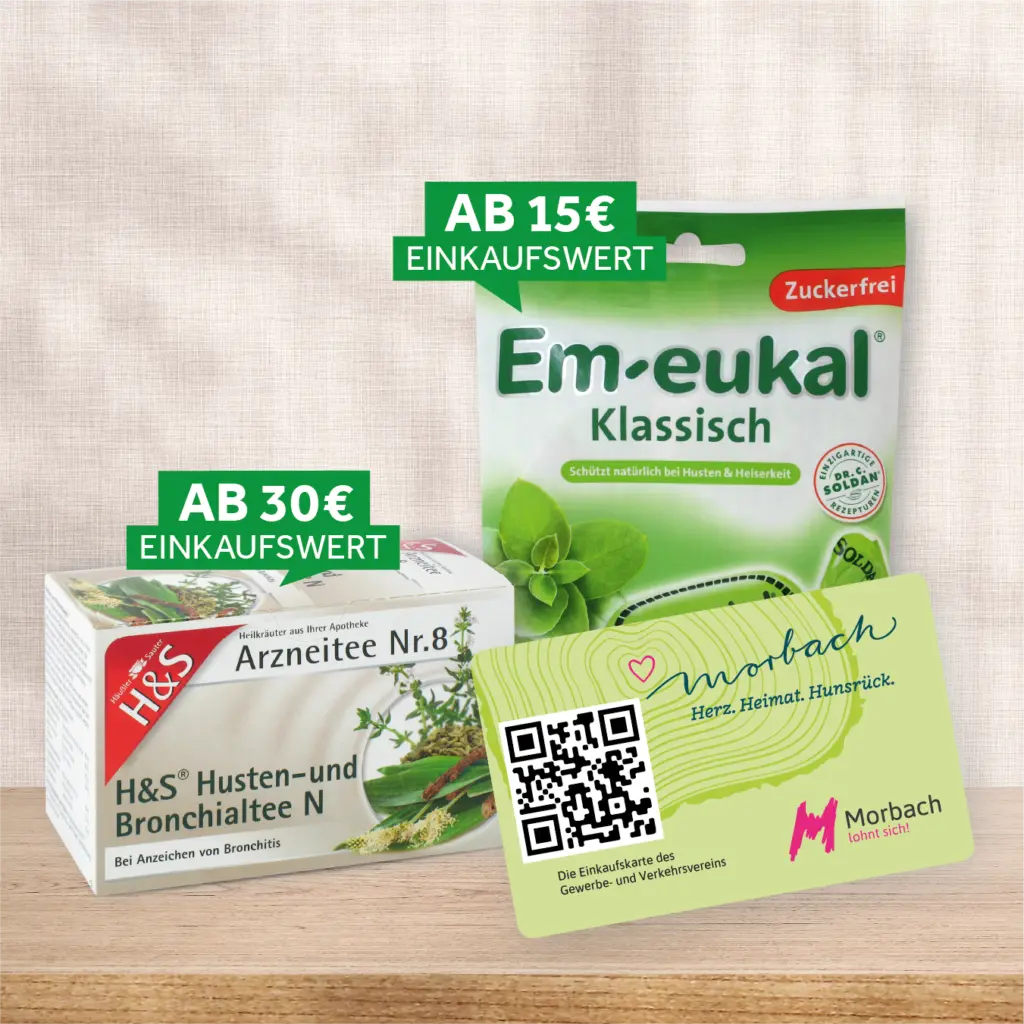 Geschenke bei Einlösen von Morbachpunkten. Ab 15 Euro Einkaufswert gibt es eine Packung Em-eukal und ab 30 Euro Einkaufswert einen H&S Tee nach Wahl.