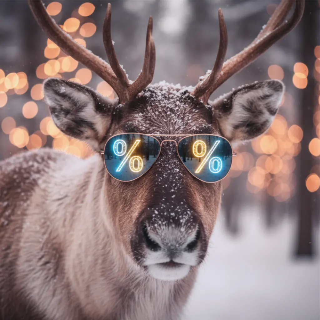 Portraitaufnahme eines Rentiert mit Prozentzeichen in den Augen