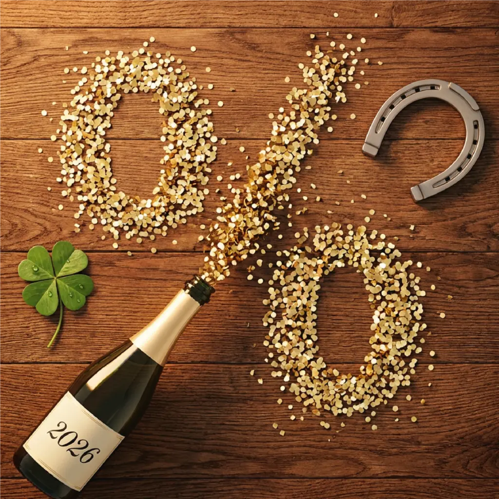 Vogelperspektive auf einen warmen, rustikalen Holzhintergrund mit sichtbarer Maserung. Im Zentrum liegt ein großes, deutlich erkennbares Prozentzeichen (%) aus goldenen, leicht unordentlich verstreuten Konfetti-Partikeln, die aus der Öffnung einer eleganten, geöffneten Sektflasche stammen. Die Sektflasche trägt ein schlichtes Etikett mit der Aufschrift „2026“. Um das zentrale Prozentzeichen herum sind dekorativ ein metallisch glänzendes Hufeisen und ein frisches vierblättriges Kleeblatt angeordnet. Hyperrealistische Darstellung mit warmer, stimmungsvoller Beleuchtung, feinen Texturen, natürlicher Tiefenwirkung und hoher Detailgenauigkeit.