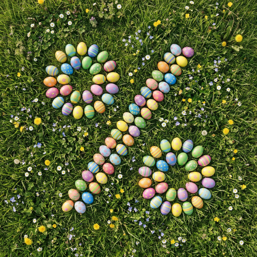 Auf der Wiese liegen mehrere bunte Ostereier in kräftigen, fröhlichen Farben. Die Ostereier sind so arrangiert, dass sie klar und eindeutig die Form eines Prozentzeichens (%) ergeben