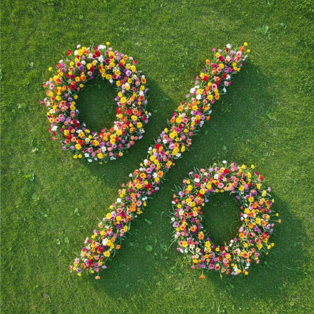 Ein Bild aus Vogelperspektive. Zu sehen ist eine lebendige, frische grüne Frühlingswiese mit dichtem, saftig wirkendem Gras. Auf der Wiese stehen zahlreiche bunte Frühlingsblumen in verschiedenen Farben wie Rot, Gelb, Rosa, Lila, Orange und Weiß. Die Blumen sind so angeordnet, dass sie zusammen die Form eines Prozentzeichens (%) bilden – bestehend aus zwei kreisförmigen Blütenansammlungen und einem diagonalen Blumenstreifen dazwischen. Die Anordnung wirkt harmonisch und klar erkennbar. Das Licht ist weich und natürlich, mit leichtem Sonnenschein, ohne harte Schatten. Das Gesamtbild wirkt freundlich, hell, frühlingshaft und dekorativ.