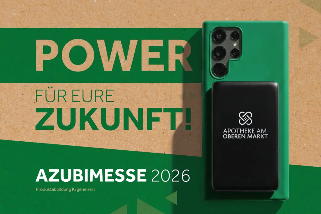Power für deine Zukunft! Azubimesse 2026. Daneben sieht man eine mit KI generierte Abbildung eines Smartphones mit einer induktiven Powerbank.
